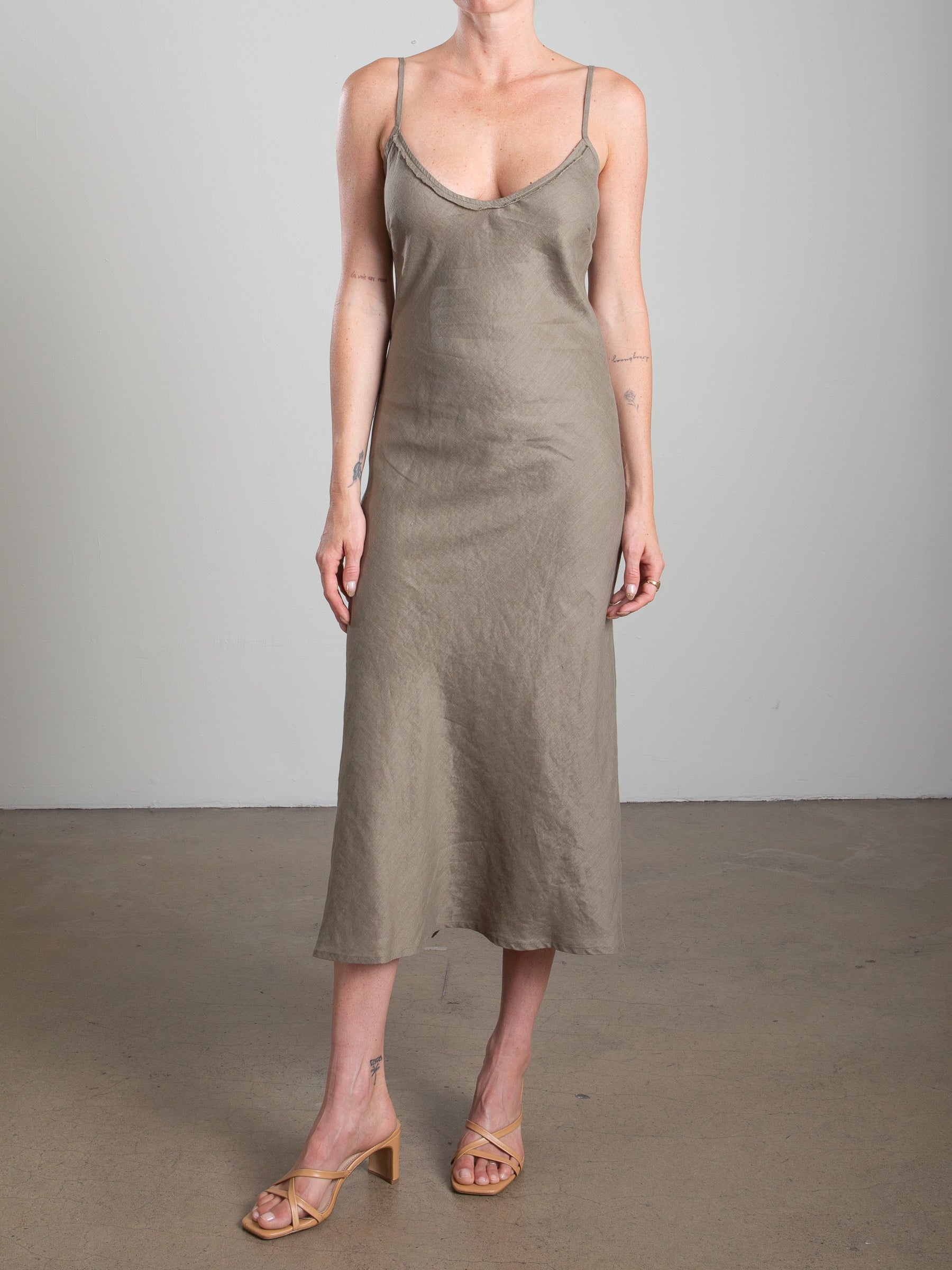 Farrah Slip Dress in French Linen - Olive Pharaoh Collection Farrah Slip Dress in French Linen - Olive Pharaoh Collection