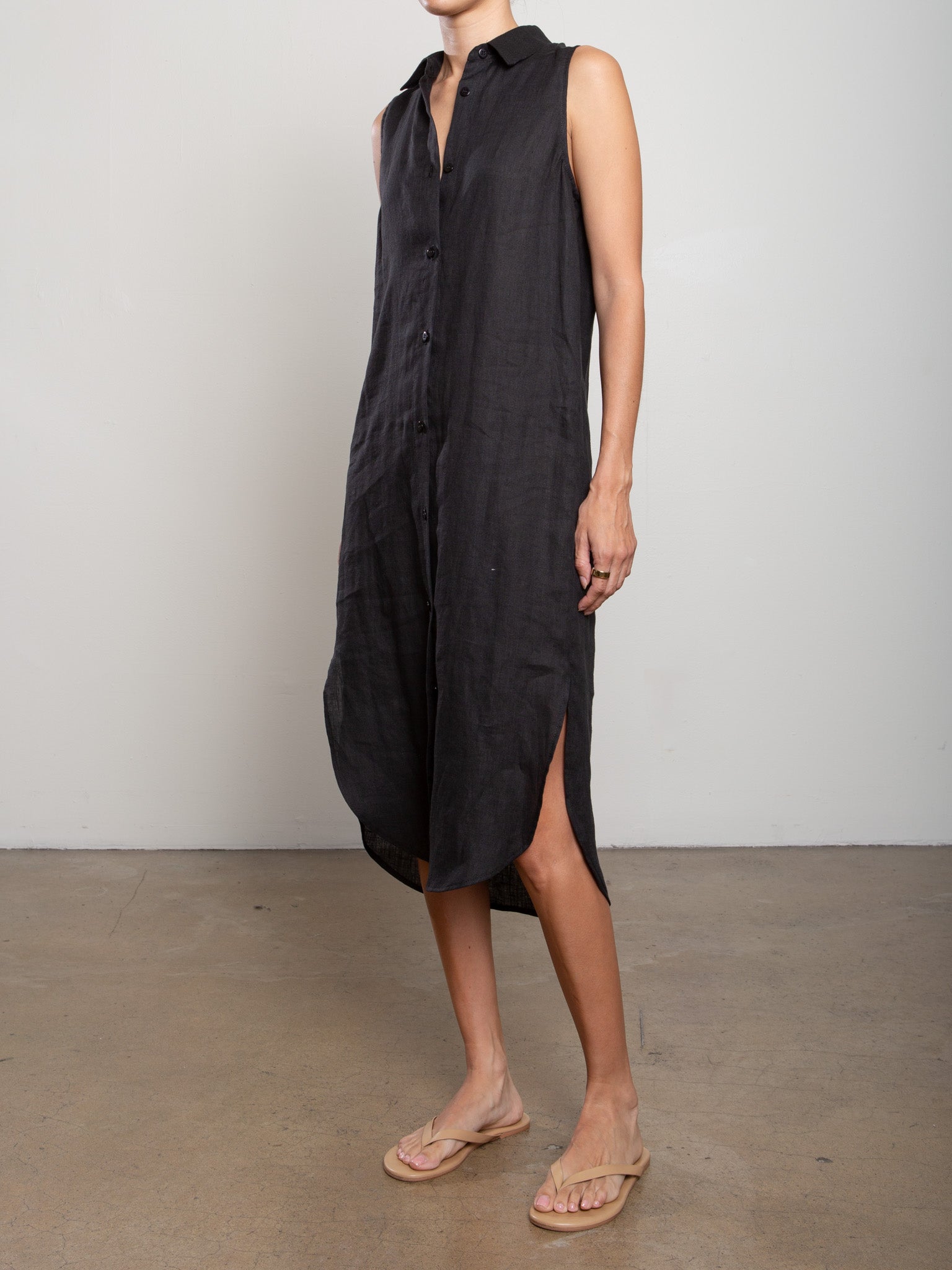 french linen dress Blue Cotton-Linen Midi Dress with Button Front and V-Neck C4306 Blue / XS